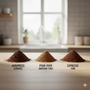 Different piles of coffee grounds produced by a manual grinder, labelled for Aeropress, pour-over, and espresso.