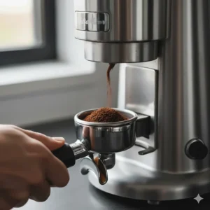 Freshly ground coffee falling from a grinder chute directly into a 58mm portafilter.