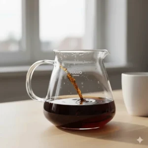 Heat-resistant Hario V60 glass server used for brewing multiple cups of speciality coffee.