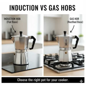 Close-up of a stainless steel Moka pot base suitable for UK induction hobs compared to an aluminium gas-only model.