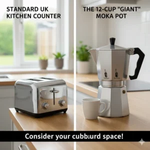 A large 12-cup Moka pot shown next to a standard 2-slice toaster for height and cupboard storage comparison.