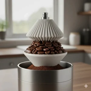 Close-up illustration of ceramic conical burrs inside a manual coffee grinder for consistent particle size.