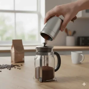 A person using a manual coffee grinder to prepare coarse grounds for a traditional glass Cafetiere.