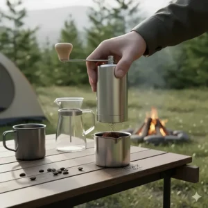 A portable manual hand burr coffee grinder being used to prepare fresh grounds for a camping trip.
