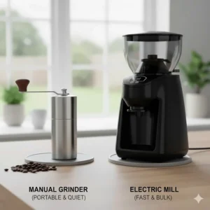 Side-by-side comparison of a sleek manual coffee grinder and a bulky electric burr mill on a kitchen worktop.