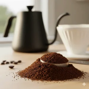 Freshly ground coffee beans with a medium-fine consistency, perfect for the Hario V60 brewing method.