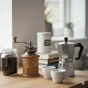 A stylish coffee station in a British home featuring a moka pot, manual wooden grinder, and a jar of coffee beans.