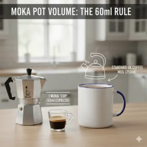 Illustration comparing a 60ml Moka pot espresso shot to a 250ml standard UK coffee mug to show volume differences.
