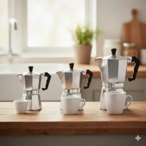 Three different moka pot sizes ranging from 3-cup to 9-cup models displayed on a wooden worktop.