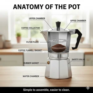Diagram of a stove-top espresso maker showing the water chamber, coffee basket, and upper collection chamber.