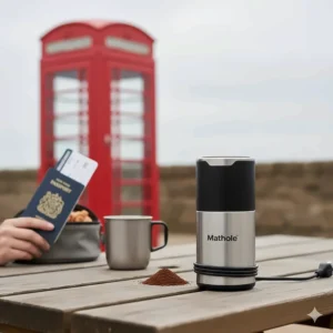 A portable electric coffee grinder on a wooden park bench with a British passport and a red telephone box in the background.