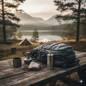 Illustration of a compact manual coffee grinder tucked into a travel bag next to a camping stove.