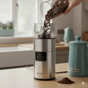 Roasted coffee beans being poured into the clear hopper of a Dualit electric grinder, highlighting the professional 4K detail.