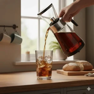 Pouring fresh cold brew coffee from a glass carafe into a tumbler filled with ice cubes.