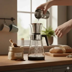Pouring fresh filtered water over coffee grounds in a glass cold brew jug.