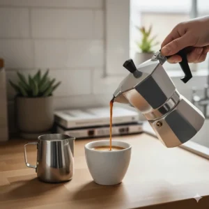 Pouring fresh moka pot coffee into a small ceramic espresso cup next to a stainless steel milk frothing jug.