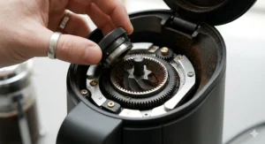 Close-up of the conical burr mechanism inside the quietest coffee grinder, showcasing high-precision grinding technology for home baristas.