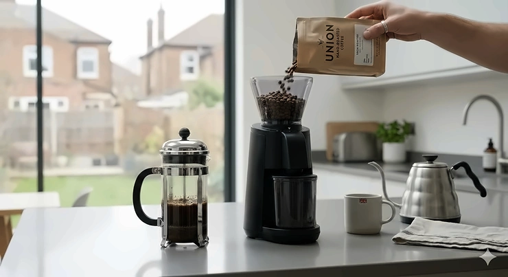 A sleek, modern black quietest coffee grinder on a quartz countertop, next to a classic glass cafetiere and a Union Jack mug, bathed in natural British daylight. quietest coffee grinder