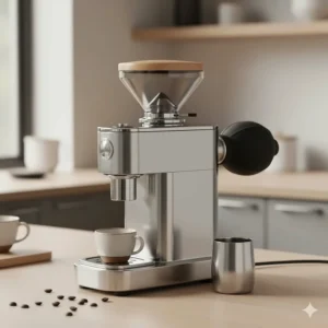 A single-dose coffee grinder featuring a wood-topped hopper and air bellows.