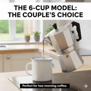 A 6-cup stove-top coffee maker serving two people, showing the yield is perfect for two morning coffees.