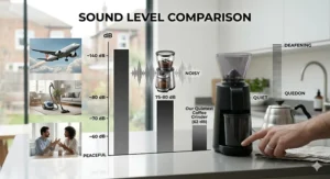 An infographic chart comparing decibel levels, illustrating how the quietest coffee grinder maintains a low noise profile compared to household items.