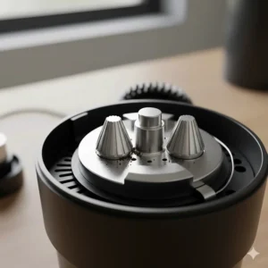 A detailed close-up showing the interior stainless steel conical burr mechanism of an electric coffee grinder.