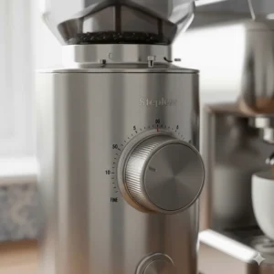 A close-up of a stepless adjustment collar on a high-end espresso grinder.