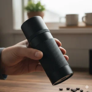 A hand holding the Timemore C2, highlighting the knurled aluminium alloy body for a non-slip grip during grinding.