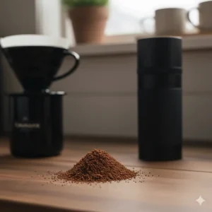 Medium-coarse coffee grounds for a V60 pour-over, demonstrating the Timemore C2's consistency for filter brewing methods.