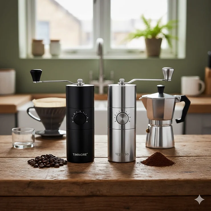 Side-by-side comparison of the Timemore C2 and 1Zpresso JX-Pro manual coffee grinders on a wooden kitchen worktop. timemore c2 vs 1zpresso jx pro