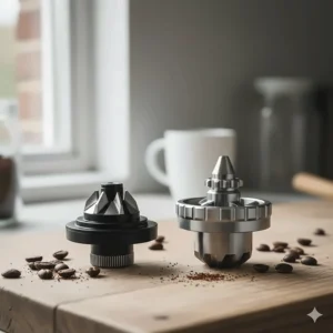 Close-up of the stainless steel conical burrs from a Timemore C2 alongside the larger 48mm burrs of a 1Zpresso JX-Pro.