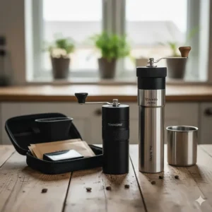 The Timemore C2 and 1Zpresso JX-Pro placed next to a travel coffee kit, showing the C2's more compact and lightweight profile.