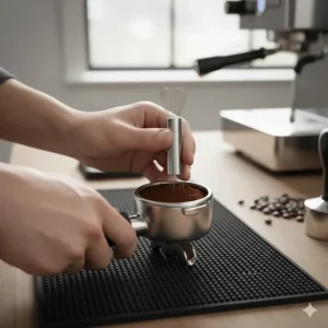 Using a WDT distribution tool to level espresso grounds in a basket before tamping.