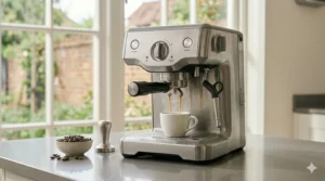 A stainless steel espresso maker brewing a double shot into a ceramic mug, showing great value for under £200.
