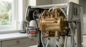 Maintenance light flashing on a bean-to-cup coffee maker indicating a descaling cycle is required.