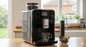 A premium bean-to-cup coffee machine with a built-in grinder preparing a flat white in a modern UK kitchen.