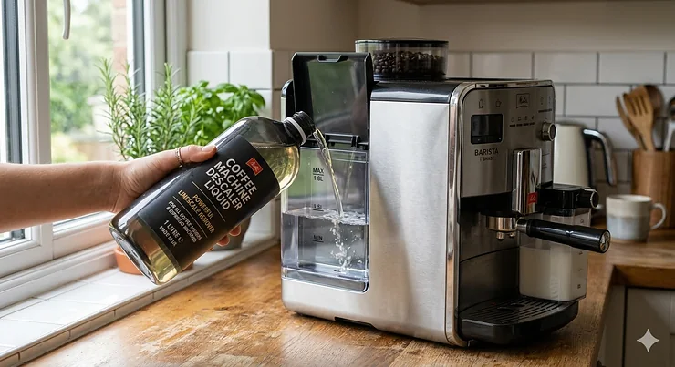 A selection of premium coffee machine cleaning products arranged next to a high-end espresso maker in a modern British kitchen. coffee machine cleaning products