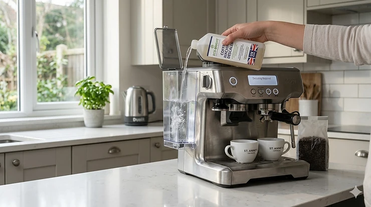 A person pouring liquid coffee machine descaler into the water tank of a modern espresso maker in a British kitchen. descaler for coffee machine
