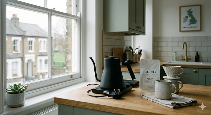 A matte black electric gooseneck kettle sitting on a modern wooden kitchen worktop next to a bag of speciality coffee beans. gooseneck kettle