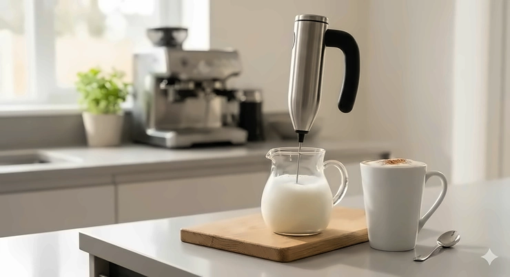 A photorealistic, high-detail photograph in a modern UK kitchen, featuring a stainless steel handheld milk frother whisking whole milk in a glass jug. Next to it, a ceramic mug with perfect foam. Shot with natural daylight from a kitchen window. milk frother under £20