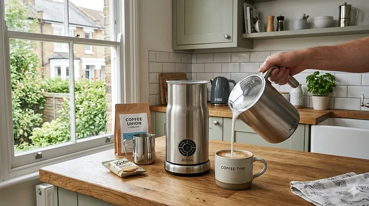A premium stainless steel hot and cold milk frother pouring velvety foam into a ceramic mug on a wooden kitchen worktop. hot and cold milk frother