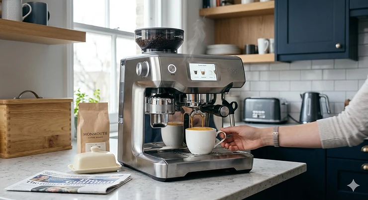 A high-end luxury coffee machine on a grey marble kitchen worktop in a modern British home, featuring a Monmouth coffee bag and a copy of The Guardian. luxury coffee machine