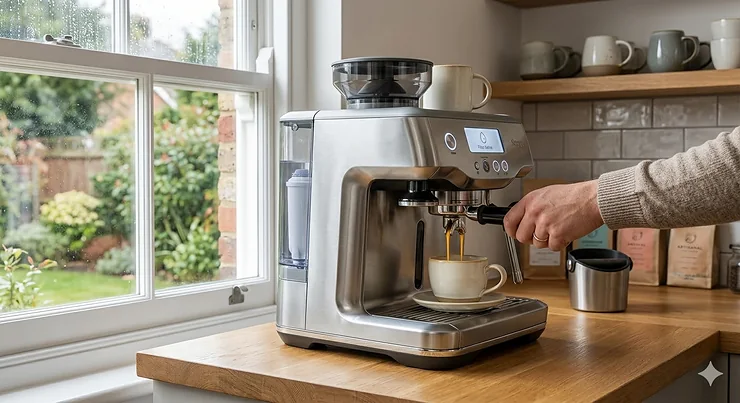 A premium bean-to-cup coffee machine on an oak kitchen worktop in a British home, featuring a visible water filter in the tank and a garden view through a sash window. water filter for coffee machine