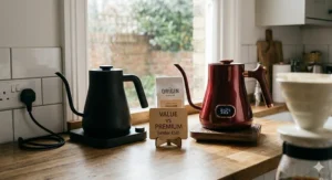 A comparison of a budget gooseneck kettle under £50 next to a premium model, showcasing similar sleek design and functionality.