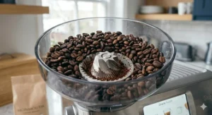 Close-up of roasted Arabica coffee beans inside the clear integrated hopper and conical burr grinder of a luxury machine.