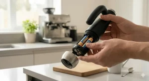 A finished cup of cappuccino with dense, stable foam and latte art, created using a budget-friendly milk frother.