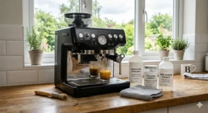 A freshly cleaned coffee machine pouring a double espresso with rich, golden crema into a clear glass cup.