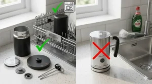Comparison chart showing dishwasher-safe components of the Aeroccino 4 versus hand-wash only budget models.