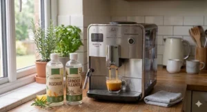 A replacement anti-limescale water filter being fitted into the tank of a coffee machine to protect against hard water damage.