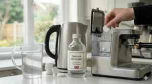 Two white descaling tablets being dropped into a jug of water for a scheduled machine cleaning cycle.